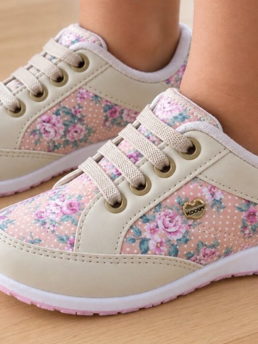 Bloompy Beige and Pink Floral Kids Sneakers
